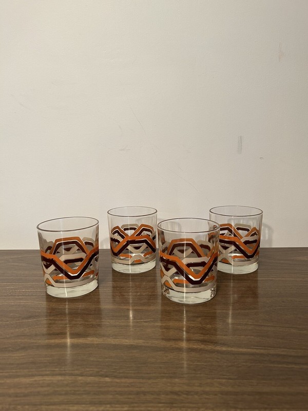 Set of Vintage Rocks Glasses, Orange, Brown, Tan, Loop Stripe, 1970s (Set Of 4)