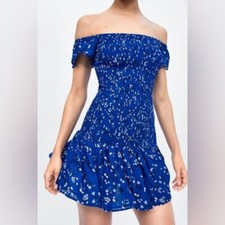 Zara Smocked Floral Bodycon Off the Shoulder Mini Dress in Blue/White Size S