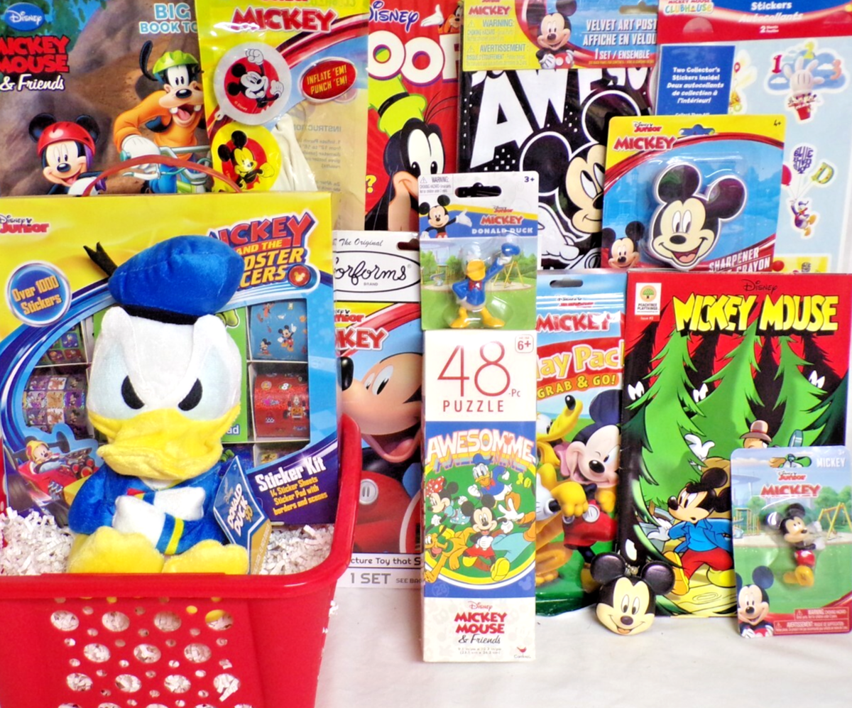 NEW MICKEY MOUSE BIRTHDAY GIFT BASKET PLUSH DONALD ART TOYS PLAY SET FIGURES