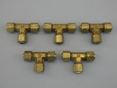 *Lot of 5* Parker Brass Fitting Union Tee Compression 1/4'' Tube 1/2'' Hex - NE...