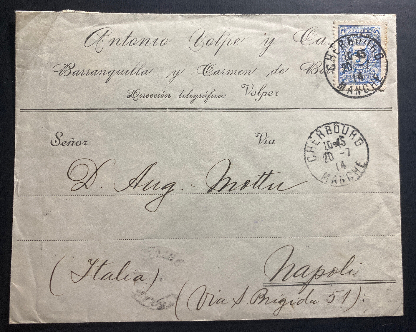 1914 Barranquilla Colombia Commercial Cover To Napoli Italy Via Cherbourg