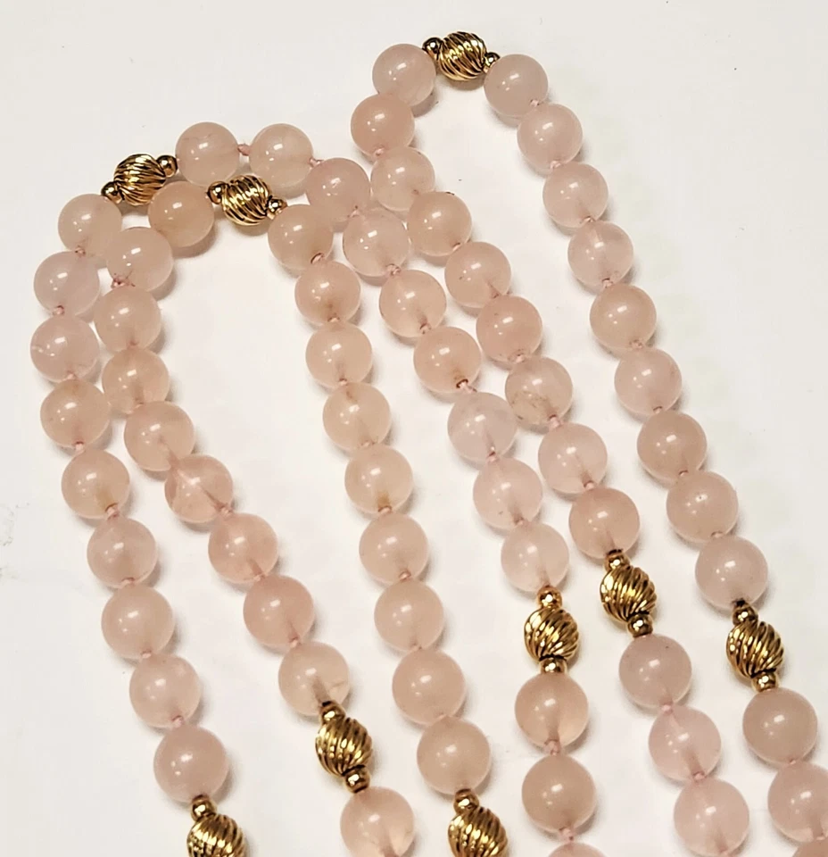 Collar de cuentas de cuarzo rosa natural vintage años 70 espaciadores de oro amarillo de 14 quilates 32" Foto 4 de 4