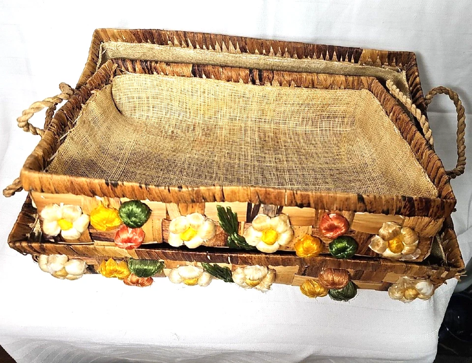 Pair Vintage Woven Floral  Serving Lined Basket Tray Kitchen. - Image 2 of 4