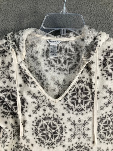 Nautica Sleepwear Nightgown Women's Medium Gray Fleece Hooded Knee Length V Neck - Picture 2 of 14