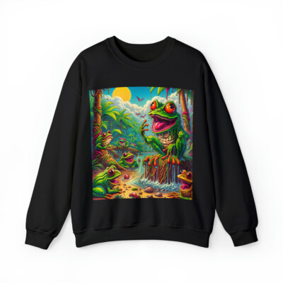 Adult Sweatshirt Retro 80s Style Cartoon Rain Forest Frogs DMT Festival Nature
