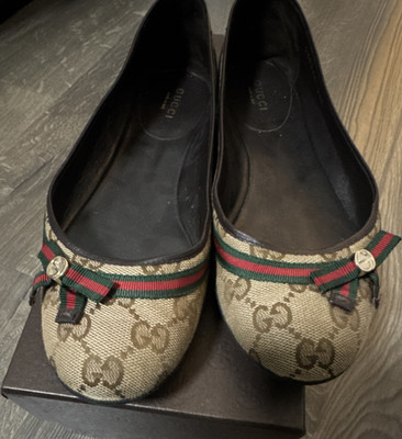 Gucci GG Canvas Ballet Flats Bow Stripe Accent Beige Brown Green Red Women's 6.5