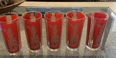 Culver Red & Gold Drinking Glasses Vintage 1960s Thai Goddess Tumblers Set of 5