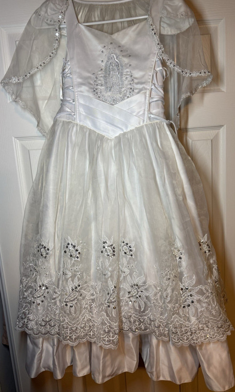Us Angels White Lace Satin Dress with Headband First Communion 7-8 Years