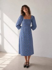 GANNI Seersucker Check Smock Midi Dress - Azure Blue