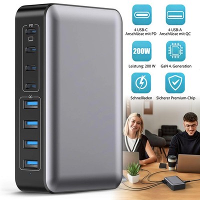 Netzteil USB C Ladegerät 200W Schnellladegerät Mehrfach Multi Desktop für Laptop