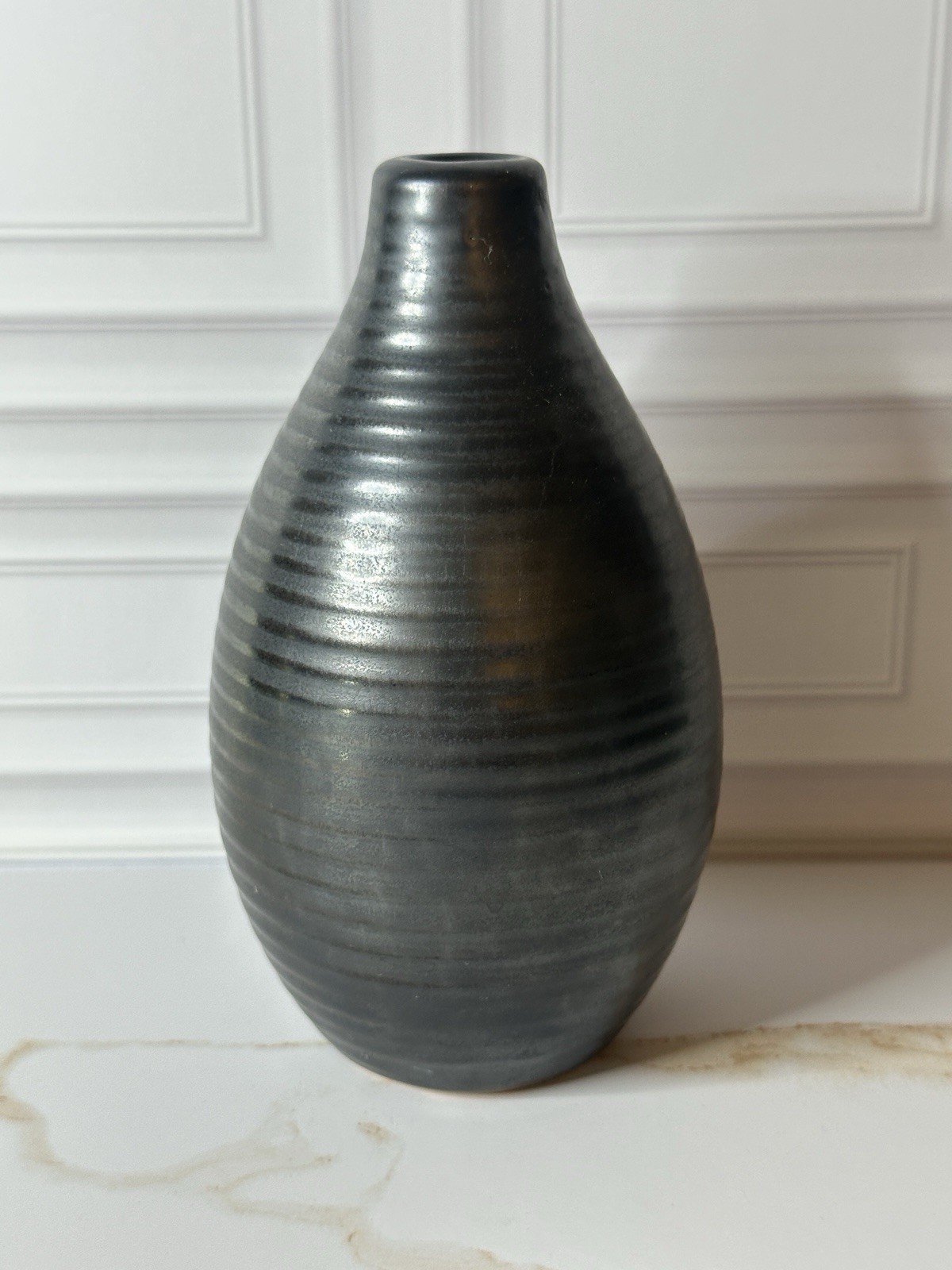 Vintage Studio Pottery Bud Vase Charcoal Metallic Glaze Hand Thrown 5”