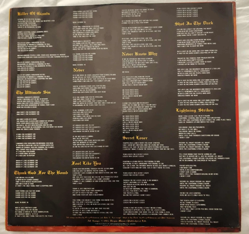 Ozzy Osbourne the Ultimate Sin-Orig 1986 долгоиграющая пластинка с внутренностями, CBS OZ 40026 Carrolton - Изображение 4 из 4