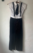 Weissman Dance Outfit Black White Pants Tie Wite Top Suspenders Sequins Size MC
