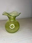Hand Blown Green Art Glass Vase Ruffled Rim Studio Glass Orb Body Vintage