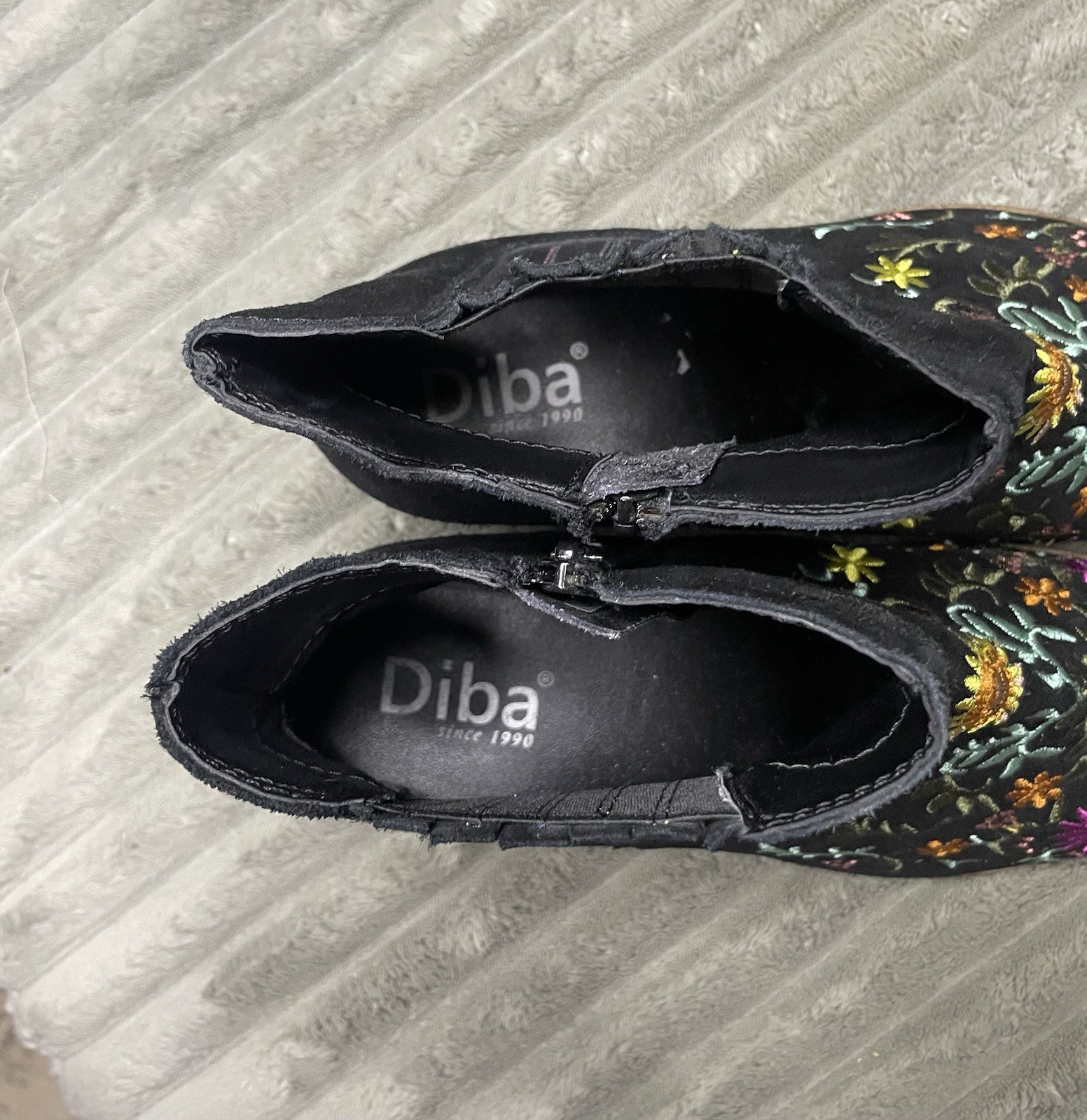 Diba True Black Floral Ankle Boots Zip Up Suede Boho Booties Women’s Size 7.5