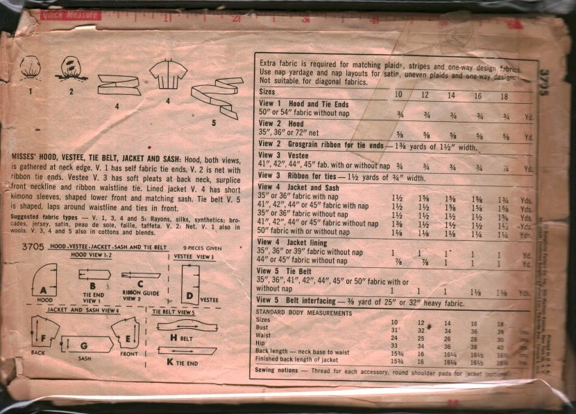 3705 Vintage Simplicity SEWING Pattern Misses 1960s Hood Vestee Jacket Sash Belt - Image 2 of 2