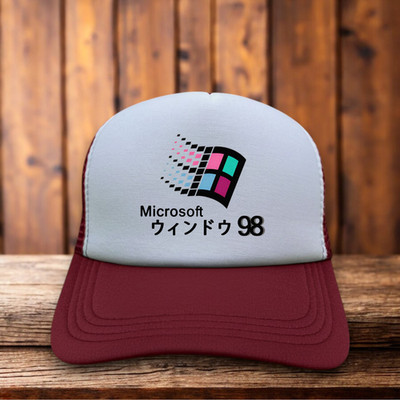 Microsoft '98 Japanese Mens Trucker Hat Maroon Windows Retro Logo Tech Cap