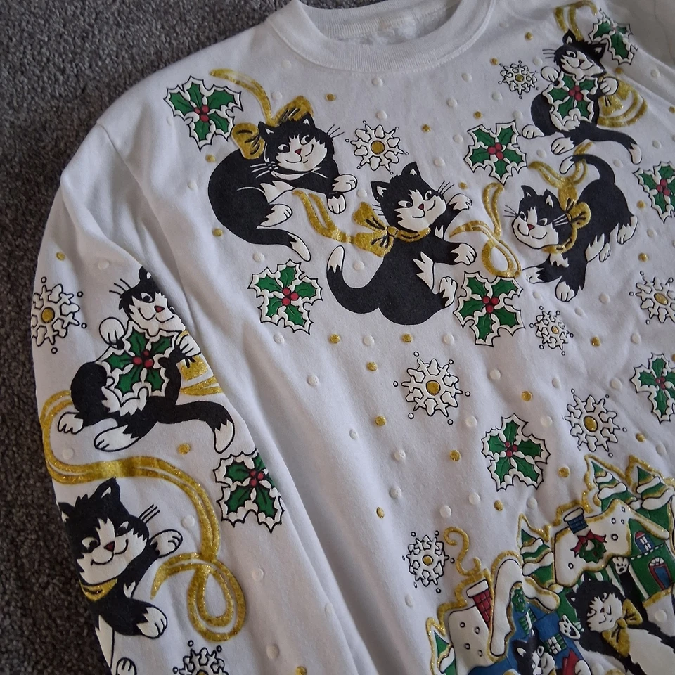 Vintage 80/90s Cat Christmas Sweatshirt Cute Kitty Kitten Playing Ugly - Image 4 of 4