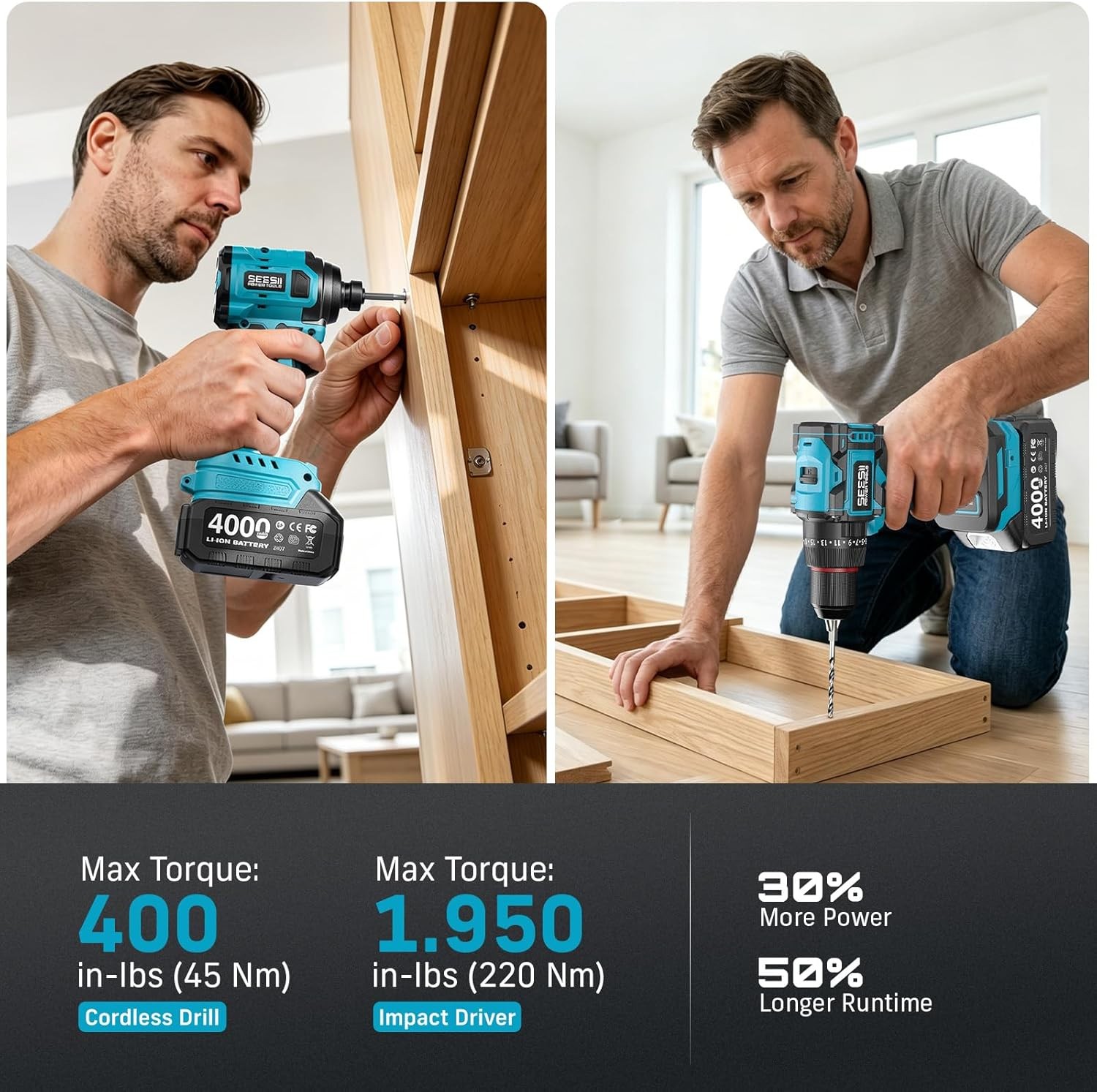 Cordless 3/8" Drill Impact Driver Electric Power Tool Combo Kit 2x4000mAh Batter alternate view 4