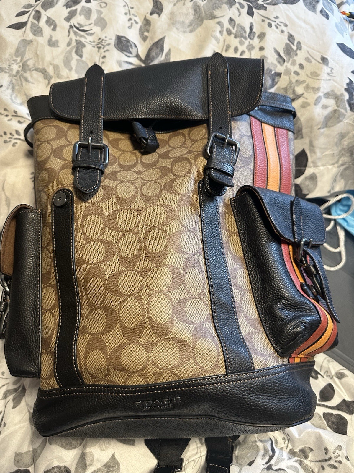 Brown Black Leather Trim Striped Side Detail