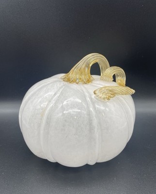 Blown Glass Pumpkin White Gold Curly Stem Art Glass
