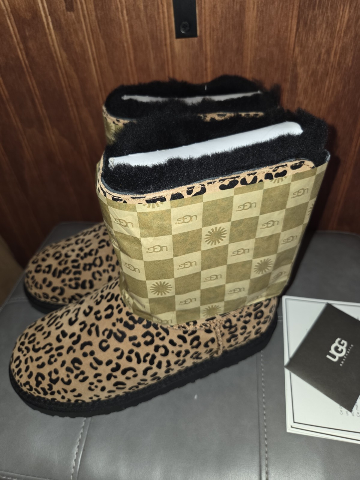 Ugg Australia K Bailey Bow Leopard Print Sheepskin Leather Boots
