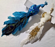 Pier 1 Peacock Ornaments 2 Clip-On Turquoise White Glitter Feathers 10" Bird GUC