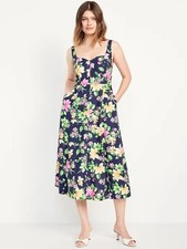 NWT Old Navy Floral Navy Fit & Flare Midi Linen Blend Dress Sz M