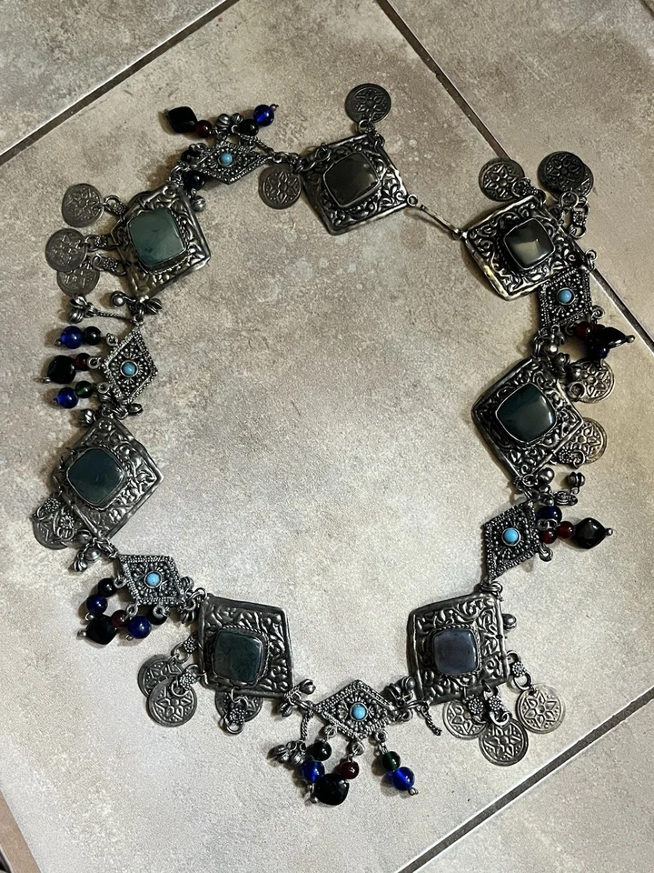 Tibetan Silver Tone Beaded Stones Linked Belt Statement Piece - Image 2 of 4