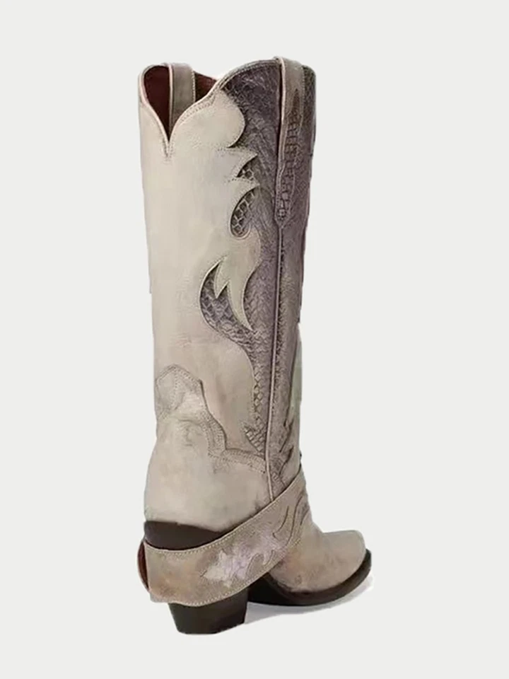 Женщин ковбой пряжка середины блок каблук тянуть на кожаный середины икры ботинки Туфли ретро - Изображение 2 из 4