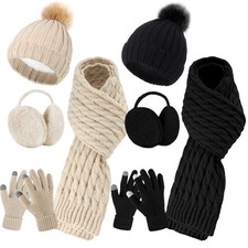 8 Pcs Winter Hat Scarf Gloves Earmuff Set Knit Beanie Pompom Hat Warm Touch S...