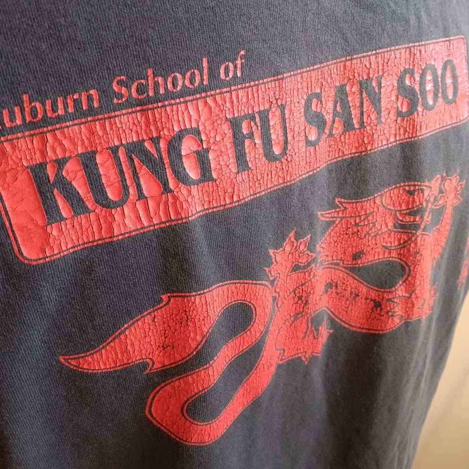 Camiseta negra grande de una sola puntada vintage Oneita Kung Fu San Soo School Dragon Foto 2 de 4