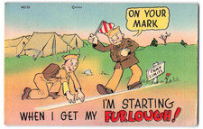 c1940's Military Postcard, WWII Comic Linen, Humorous Patriotic Soldier Era