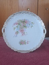 Cake Plate Double Handle Vintage White Porcelain Pink  & White Floral Pattern