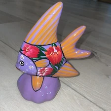 Tonala Folk Art Purple Multicolor Hand Painted Ceramic Fish Mexico 7.25” X 5.5”