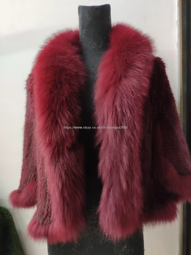 Handmade Knit Real Genuine Mink Fur Coat with Fox Fur Collar Shawls Wraps Cape - Picture 41 of 47
