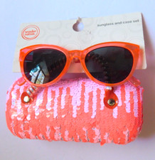 Girls Kids Sunglasses and Sunglass Case Set Pink Peach Sparkly Glitter Sequins