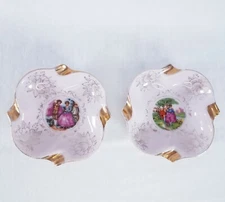 LOT OF 2 Pink Gold Made In Japan Victorian Lady And Gentlemen Ashtray Small Tray