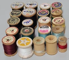 21 Wooden Sewing Spools 1"-1-3/8" tall W&WO Thread Many Brands