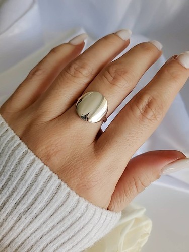Round Smooth Wide Band Top Ring / Sterling Silver Disc Ring / 925 Stamped Ring - Picture 3 of 9