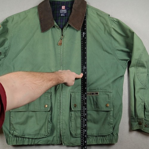 Chaps Ralph Lauren Green Bomber Jacket Men's Large Full Zip Leather Collar Patch - Picture 12 of 17