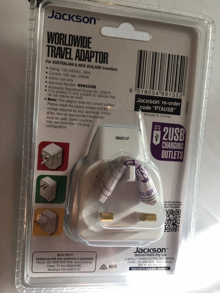 Adaptador de viaje mundial con x2 tomas de carga rápida USB PTAUSB se adapta a Europa. Foto 2 de 2
