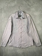 Roar Shirt Mens Large Gray Tribal Embroidered Button Up Long Sleeve Y2K