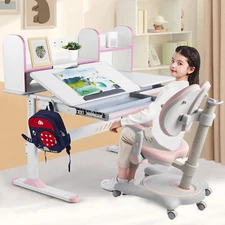 Adjustable Height Kids Study Desk Foldable Armrest Chair w/ Bookcase, Drawer