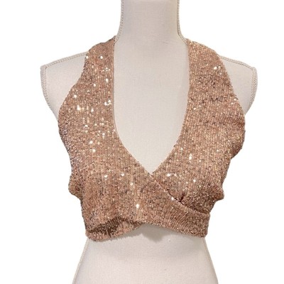 ASOS Wrap Neck Halter Style Crop Top Rose Gold Sequin Party Glam Holiday 10 NWOT