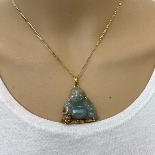 14K Solid Real Gold Natural Jadeite Jade Happy Laughing Buddha Pendant Male - 第 8/8 張圖片