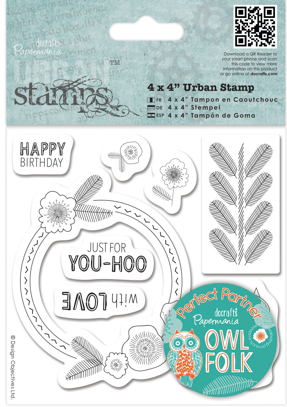 Papermania Rubber Stamp Set Owl Folk Sentiments Leaves Frame Happy Birthday Love