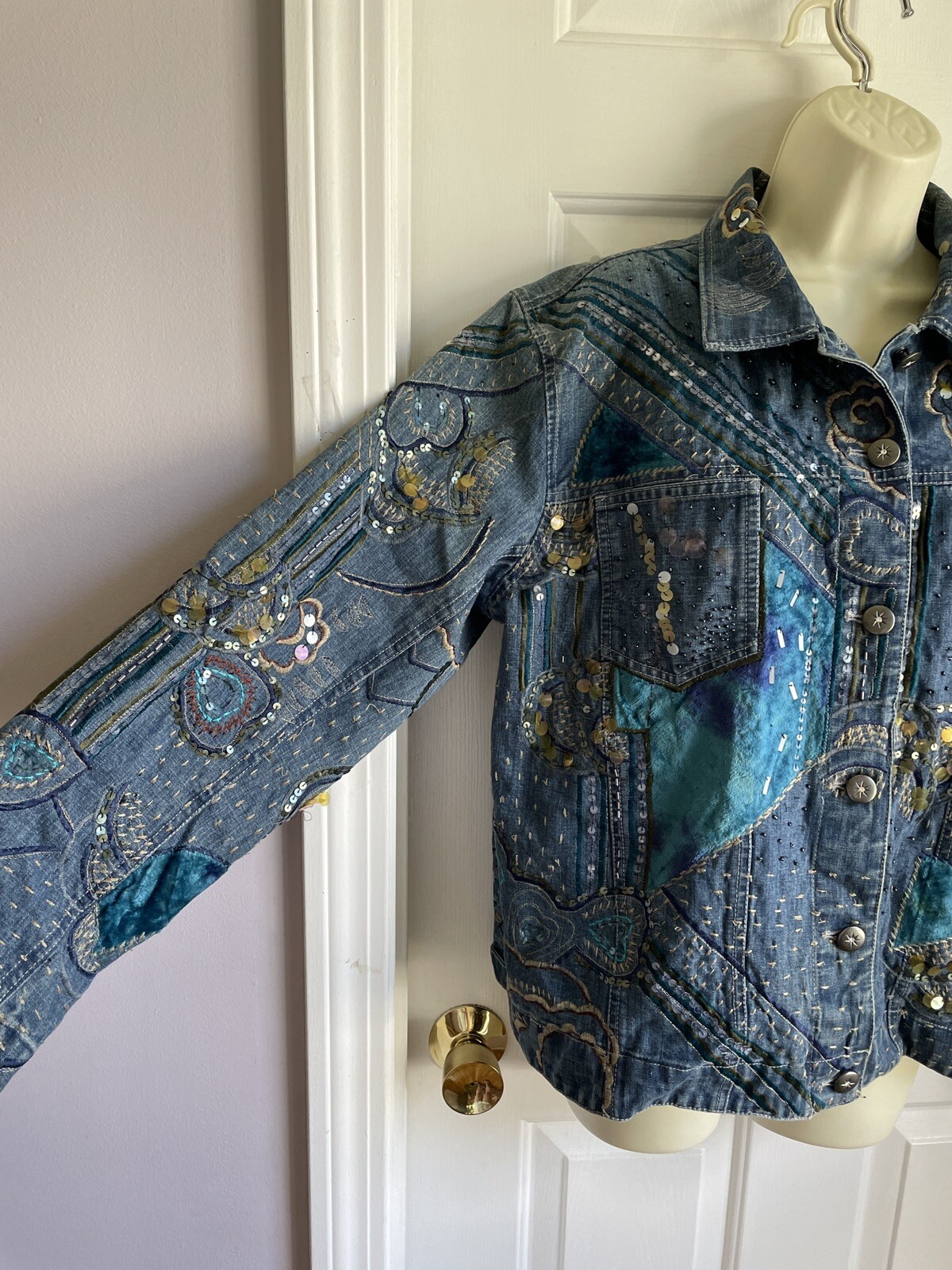 Chico's 2 Denim Jacket Cotton Blue Patchwork Embr… - image 5
