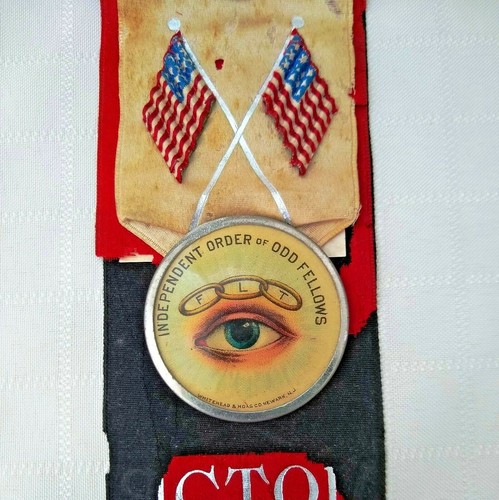 Masonic Whitehead & Hoag Co, Handshake, Eye, Oddfellows Celluloid Pins & Ribbon - Picture 5 of 9