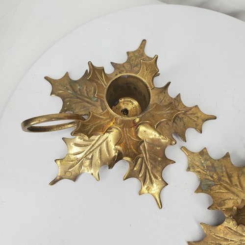Vintage Brass Holly Leaf Candle Holders Layered Leaves Set Of 2 Finger Ring - Picture 11 of 12